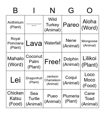 Hawaii Island Bingo Card