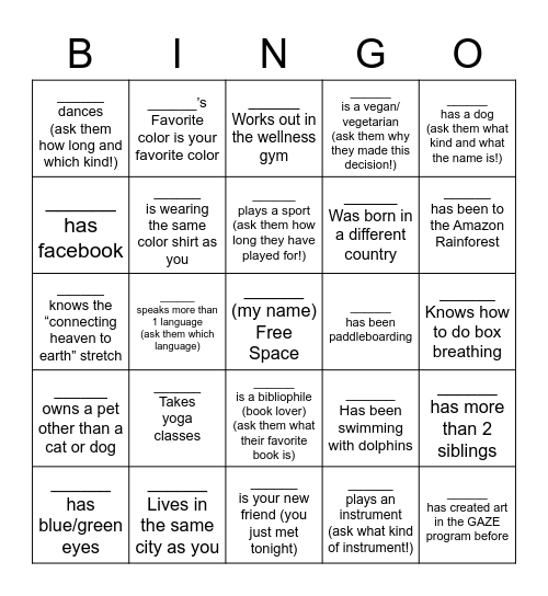 GAZE: The Art of Friendship Bingo Card