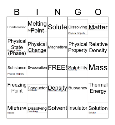 Physical Properties of Matter/Mixtures & Solutions/Melt, Boil, & Freezing Points Bingo Card