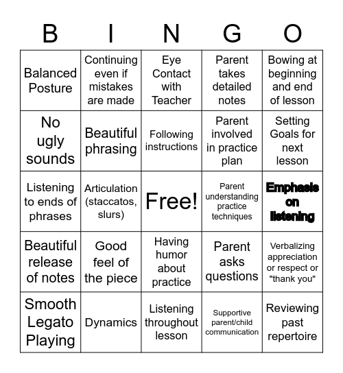 Suzuki Piano Lesson Observation Bingo Card