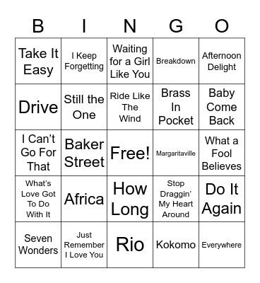 Yacht Rock Bingo Card