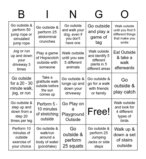 Great Outdoors Bingo Scavenger Hunt Bingo Card