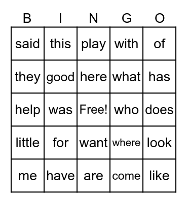 Sight Words Two Bingo Card