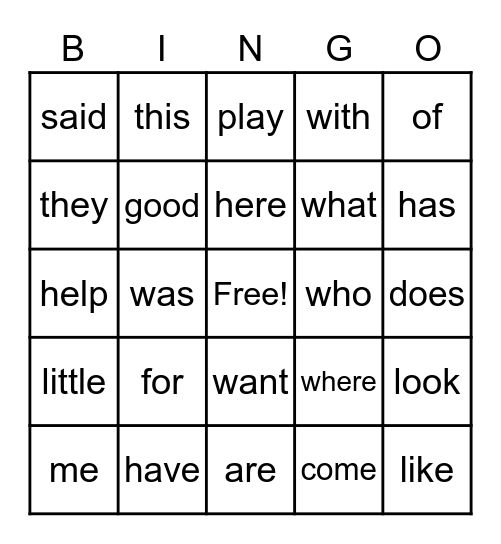 Sight Words Two Bingo Card