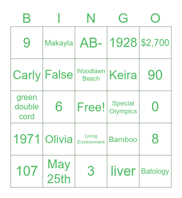 SHS bingo Card