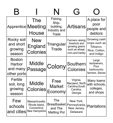 Colonial America Bingo Card