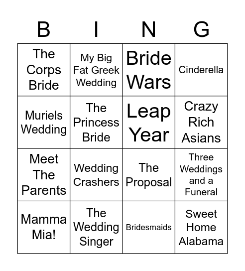 Wedding Film Bingo Card