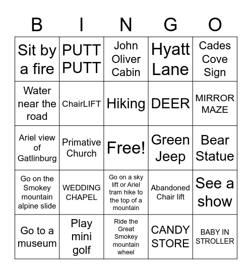 Gatlinburg Bingo Card