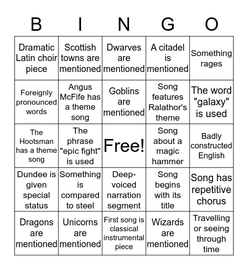 Gloryhammer Album Three Bingo Card