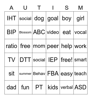 autism supplement Bingo Card