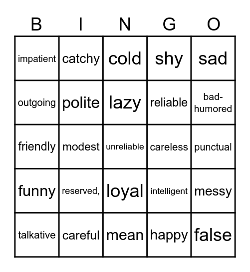 PERSONALITY Bingo Card