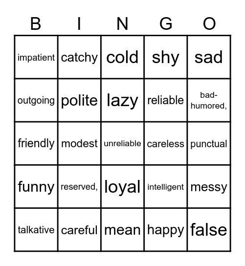 PERSONALITY Bingo Card