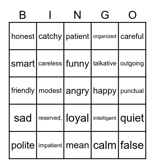 PERSONALITY Bingo Card