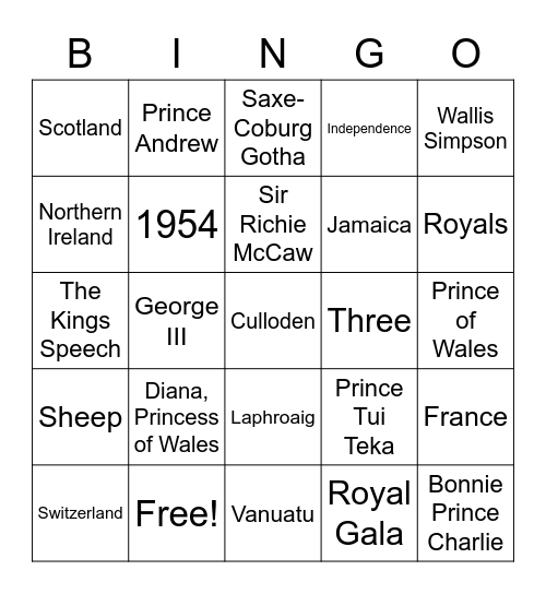 King's Birthday Bingo Card