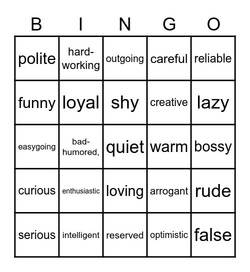 PERSONALITY Bingo Card