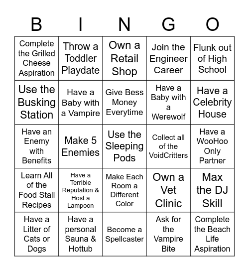 Sims Bingo Card