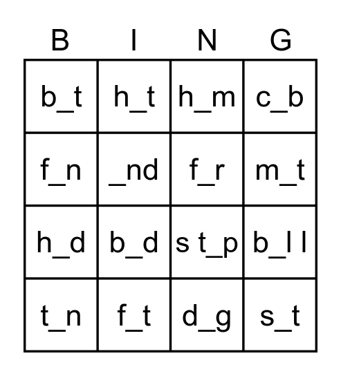 Spelling w. Vowels Bingo Card