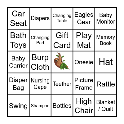 Sloth-themed Baby Shower Bingo Card