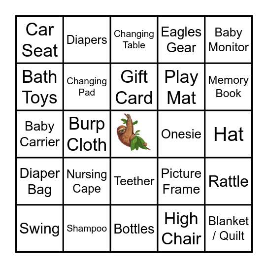 Sloth-themed Baby Shower Bingo Card