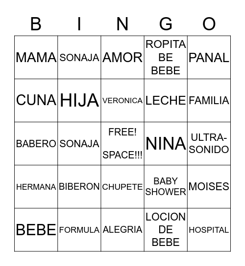 VERO'S BABY SHOWER Bingo Card