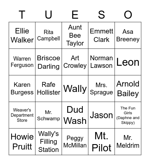 ANDY GRIFFITH SHOW Bingo Card