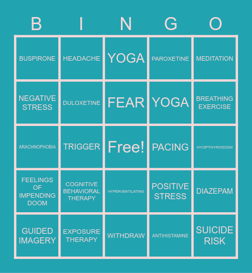 ANXIETY Bingo Card