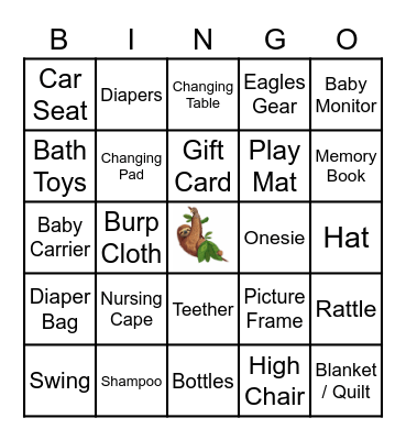 Sloth-themed Baby Shower Bingo Card