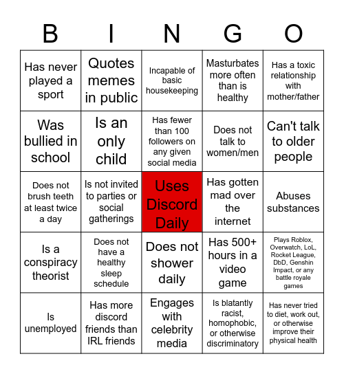 REAL Loser Check Bingo Card