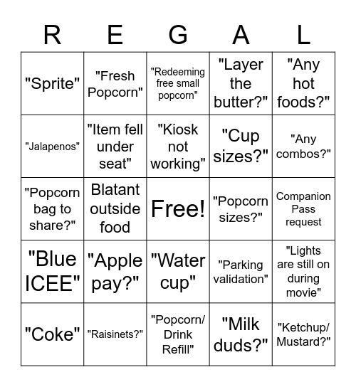 REGAL BINGO! Bingo Card