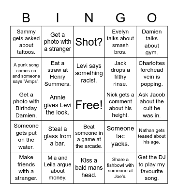 Damien's Bar Bingo Card