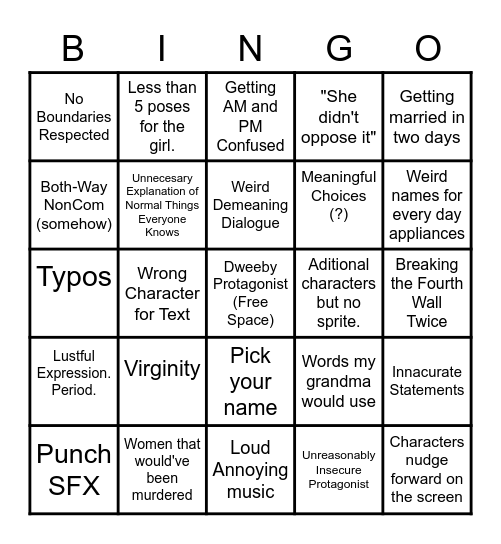 Furry Dating Game Bingo Card