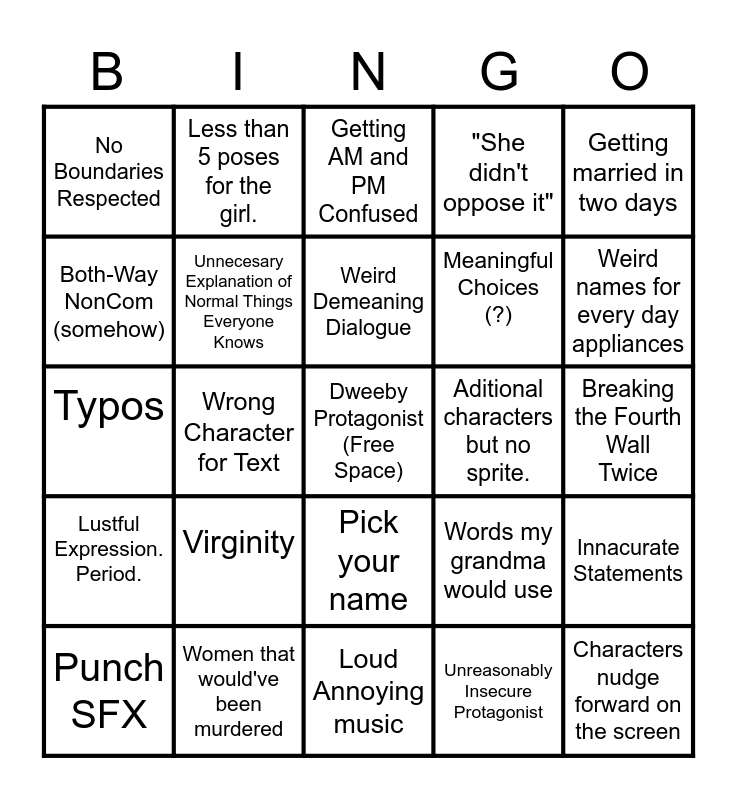 Furry Dating Game Bingo Card