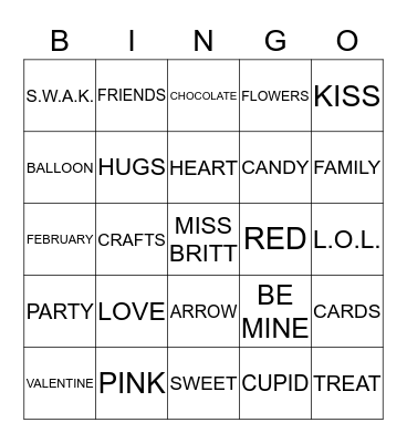 MISS BRITT - 2013 VALENTINE DAY PARTY  Bingo Card