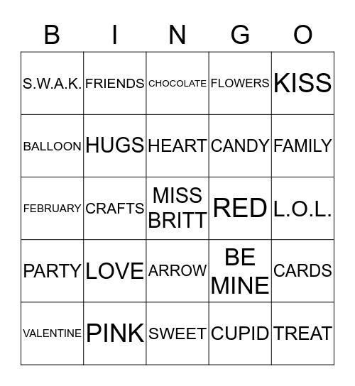 MISS BRITT - 2013 VALENTINE DAY PARTY  Bingo Card