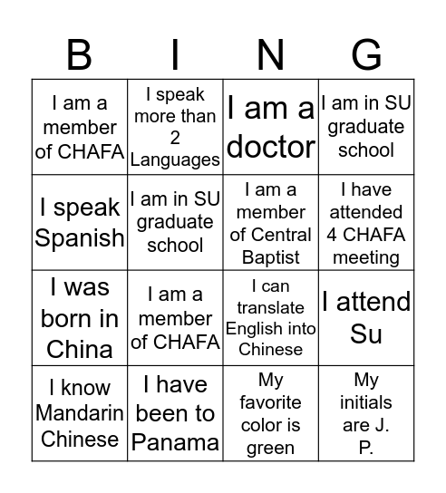 CHAFA & Central Game Bingo Card