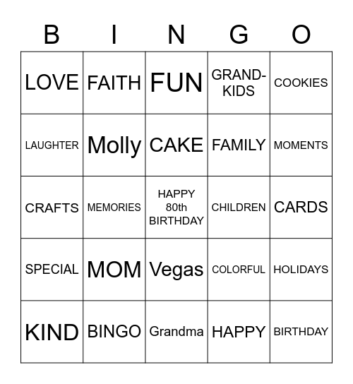 Barbara's 80th Birthday Bingo Card