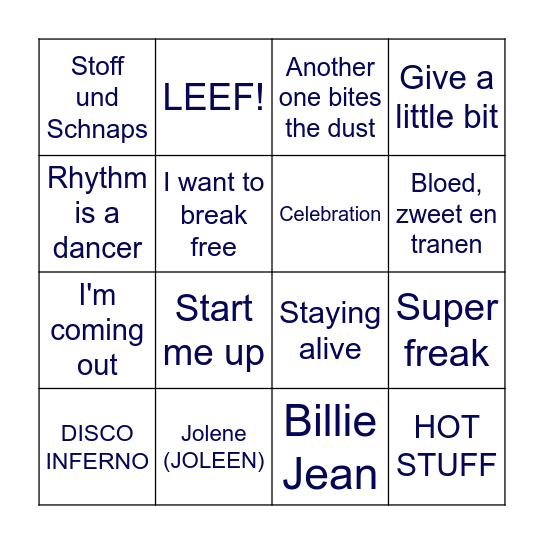 DISCO BINGO Jan & Dolly Bingo Card