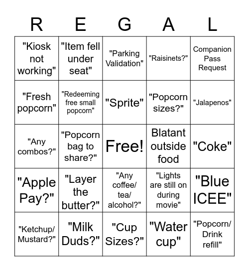 Regal Bingo Card