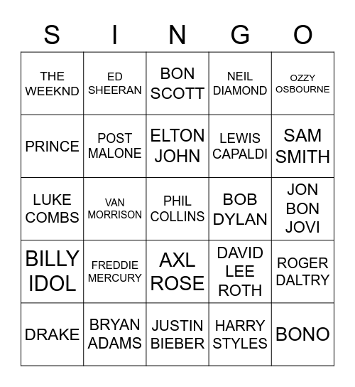 819 MEN IN MUSIC Bingo Card