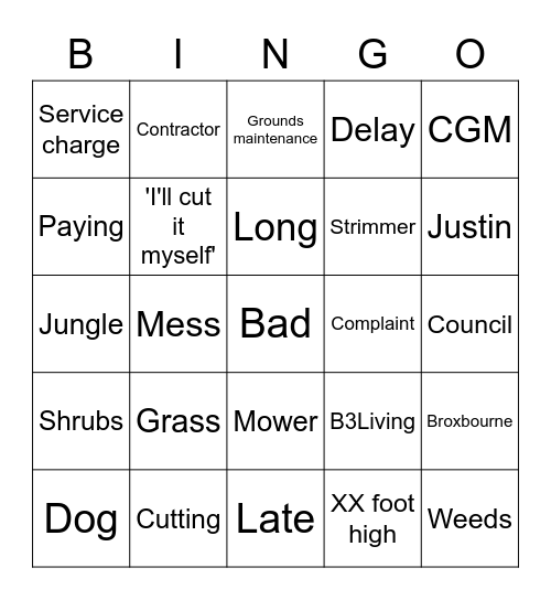 Grass Cutting Bingo Card