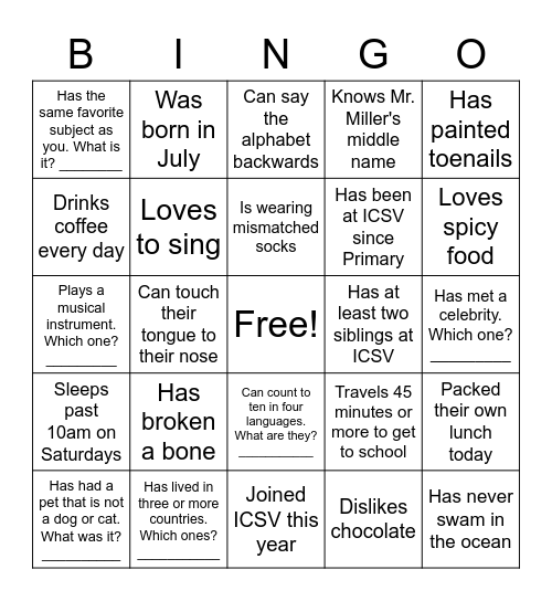 Find someone from the other grade who... Bingo Card