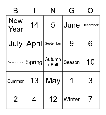 Months + Seasons + Numbers Bingo Card