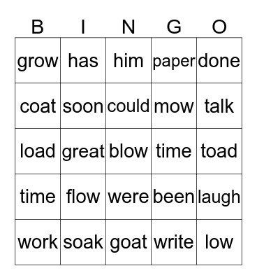 Vocabulary Word Bingo Card