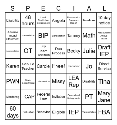 SPED Bingo Card