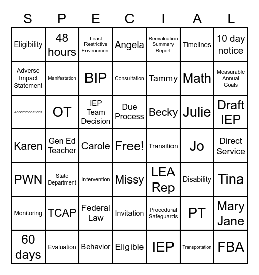 SPED Bingo Card