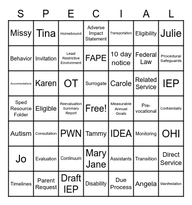 SPED Bingo Card