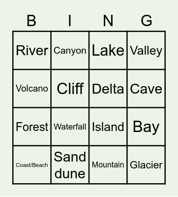 Landscapes and Landforms Bingo Card