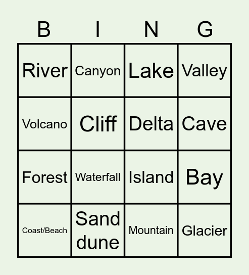 Landscapes and Landforms Bingo Card