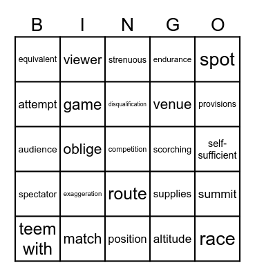 Sports vocabulary Bingo Card