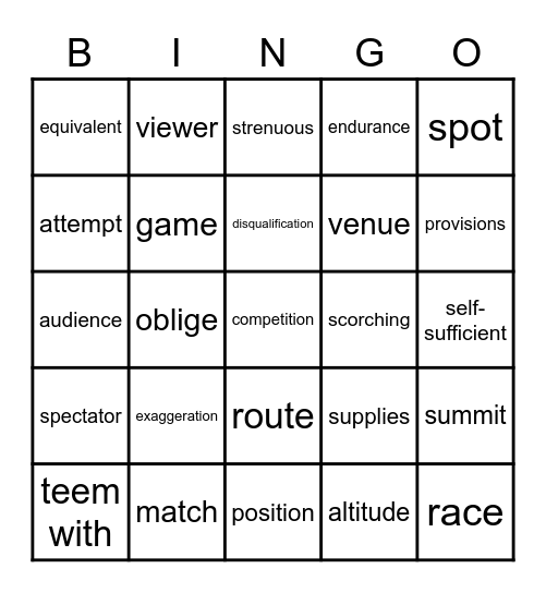 Sports vocabulary Bingo Card